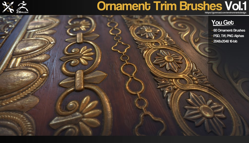 ZBrush - 60 Ornament Trim Brushes Vol.1 _ JRO TOOLS Ornament Trim Brushes Ornament Trim Brushes,JRO TOOLS